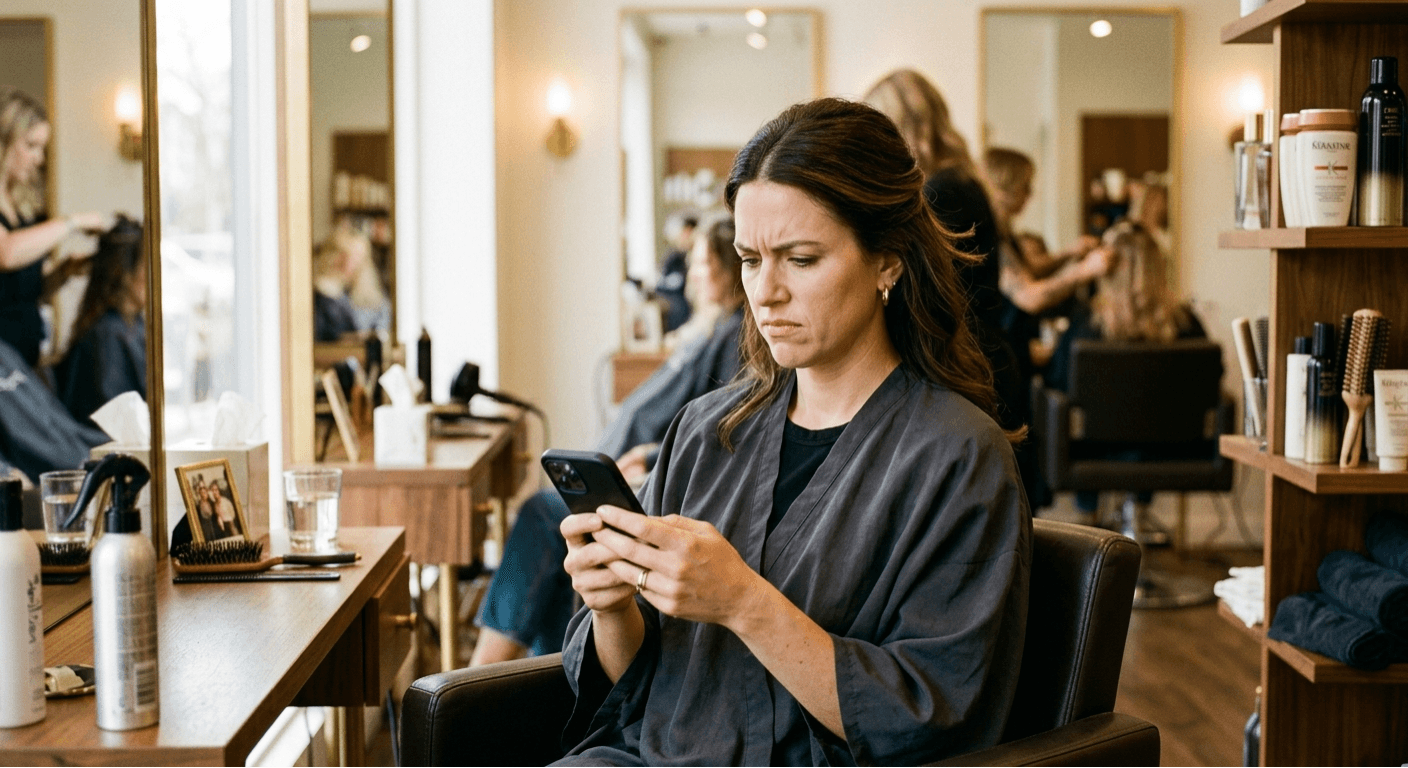 Salon owner looking at her phone with a frustrated expression, salon in background